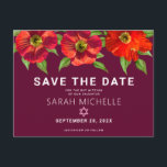 Postal De Invitación Burgundy Bat Mitzvah Save Date Floral Watercolor<br><div class="desc">¡Asegúrate de que todos tus amigos y parientes puedan celebrar el hito de tu hija Bat Mitzvah! Envíe esta moda, impresionante, color rojo de agua floral con moderno tipo san serif sobre un fondo burdeos, postal personalizada "Save the Date" de invitación. Personalice el texto del personalizado con el nombre y...</div>