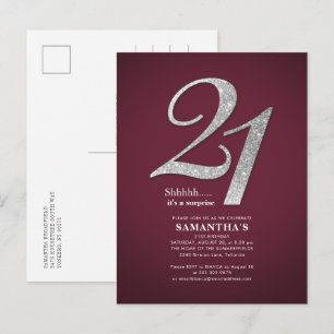 Postal De Invitación Burgundy Cumpleaños 21 Hija Plata Brillo