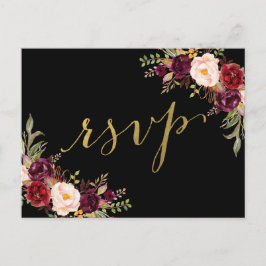Postal De Invitación Burgundy Floral Black Faux Wedding Relieve metaliz