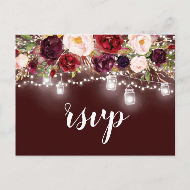 Postal De Invitación Burgundy Floral Mason Jar String Lights RSVP (Anverso)