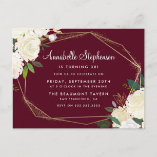 Postal De Invitación Burgundy Marsala Gold Geométrico Birday Party