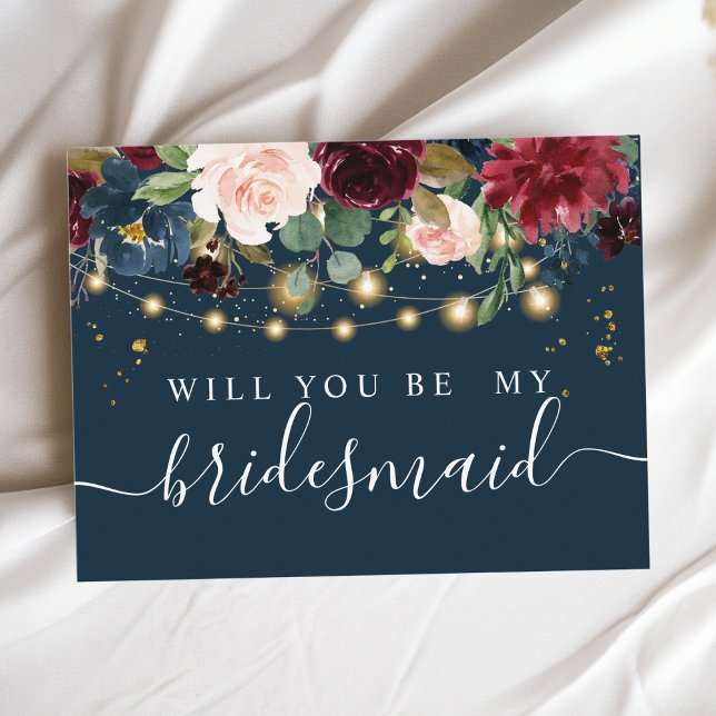 Postal De Invitación Burgundy Rústico Azul Marino & Flores Rojas & Luce (Subido por el creador)