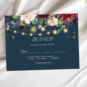Postal De Invitación Burgundy Rústico Flores y Luces Azules y Rojas