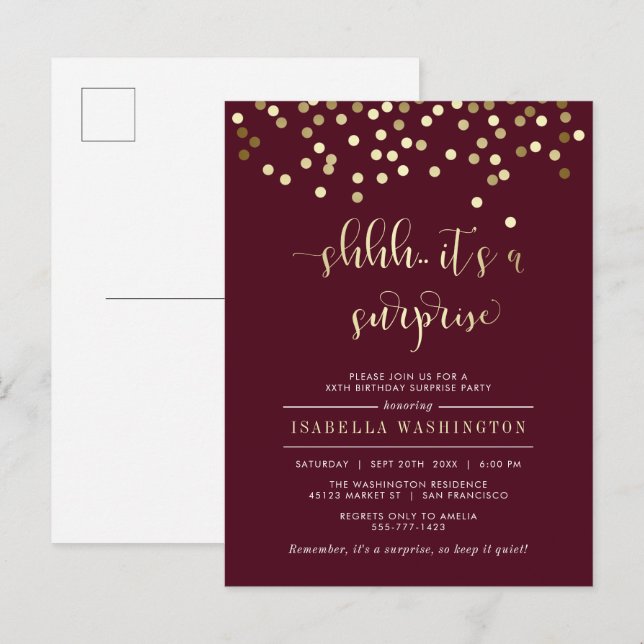 Postal De Invitación Burgundy y la fiesta de cumpleaños sorpresa del Co (Anverso / Reverso)