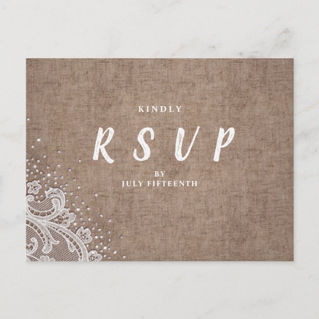Postal De Invitación Burlap Lace purpurina plata matrimonio rústico RSV (Anverso)