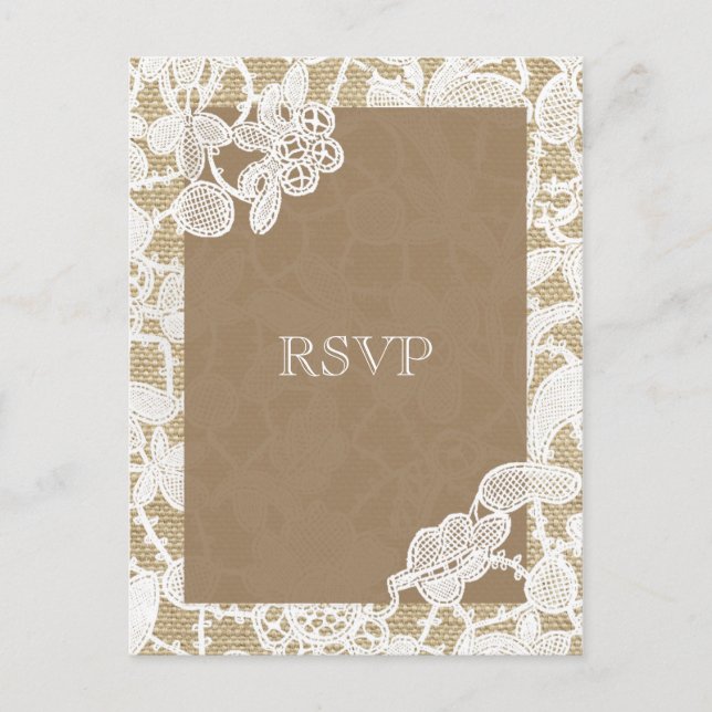 Postal De Invitación Burlap y White Floral Lace Rustic Wedding RSVP (Anverso)