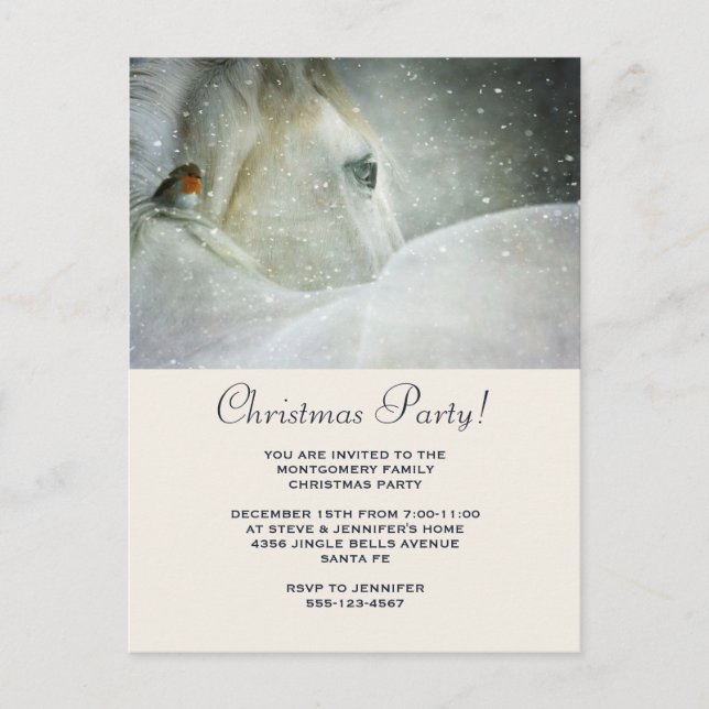 Postal De Invitación Caballo blanco y pájaro en Navidades de la nevada  (Anverso)
