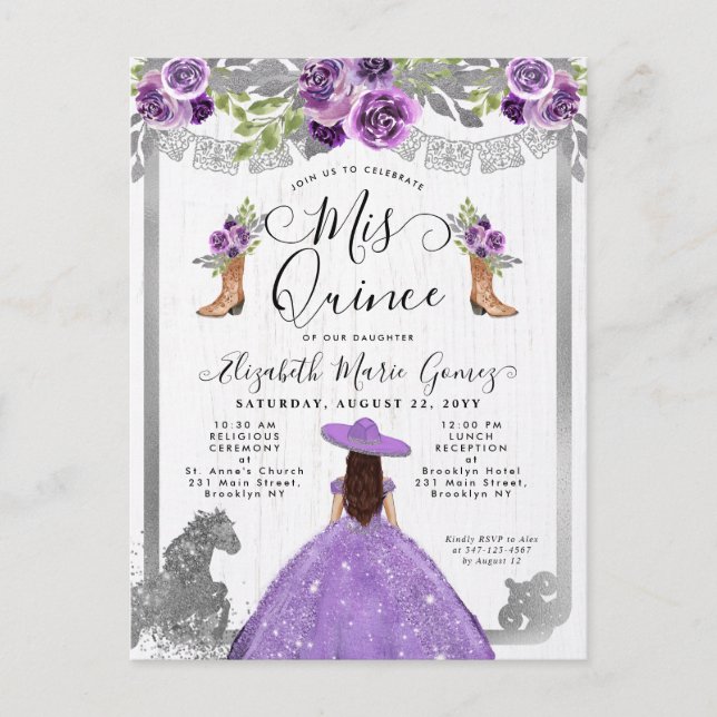 Postal De Invitación Caballo de arranque Charra Floral Purple Silver Qu (Anverso)