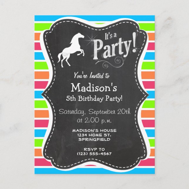 Postal De Invitación Caballo; Neon Naranja Estancas verdes rosas (Anverso)