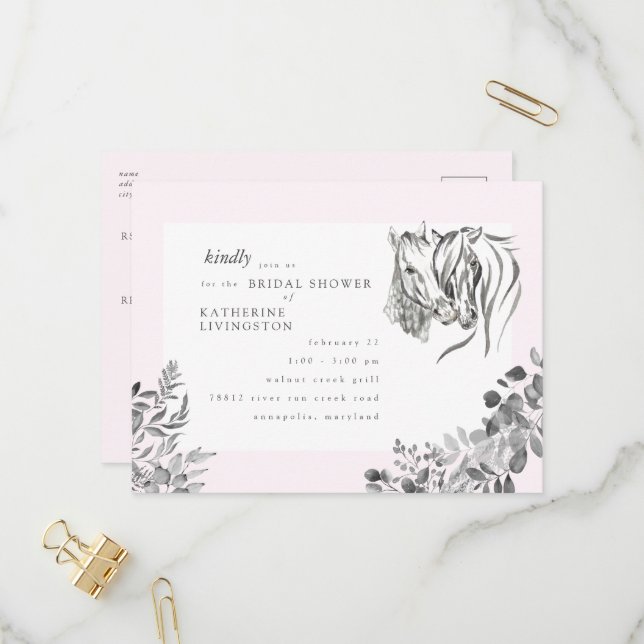 Postal De Invitación Caballos Rústicos Nuzzing Ducha Bridal Rosa (Anverso/Reverso In Situ)