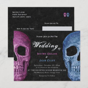 Postal De Invitación Cabeza de cráneo gótica Halloween rosa azul