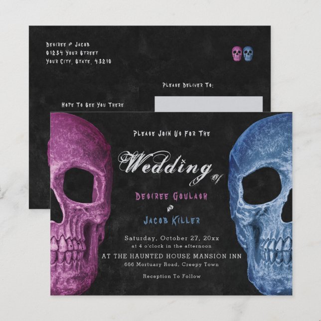 Postal De Invitación Cabeza de cráneo gótica Halloween rosa azul (Anverso / Reverso)