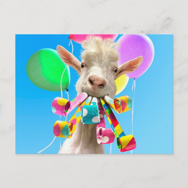 Postal De Invitación Cabra con Sopladores de Fiesta (Anverso)