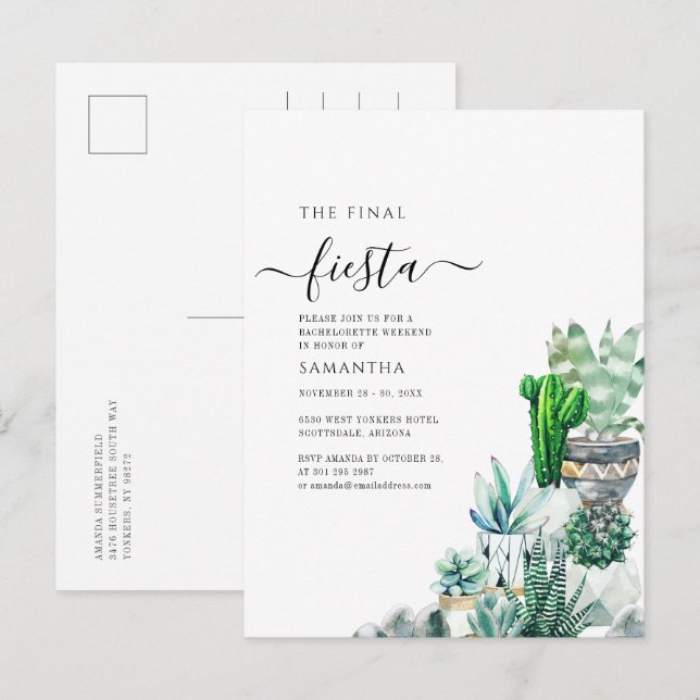Postal De Invitación Cactus Greenery Bachelorette Fiesta de fin de sema (Anverso / Reverso)