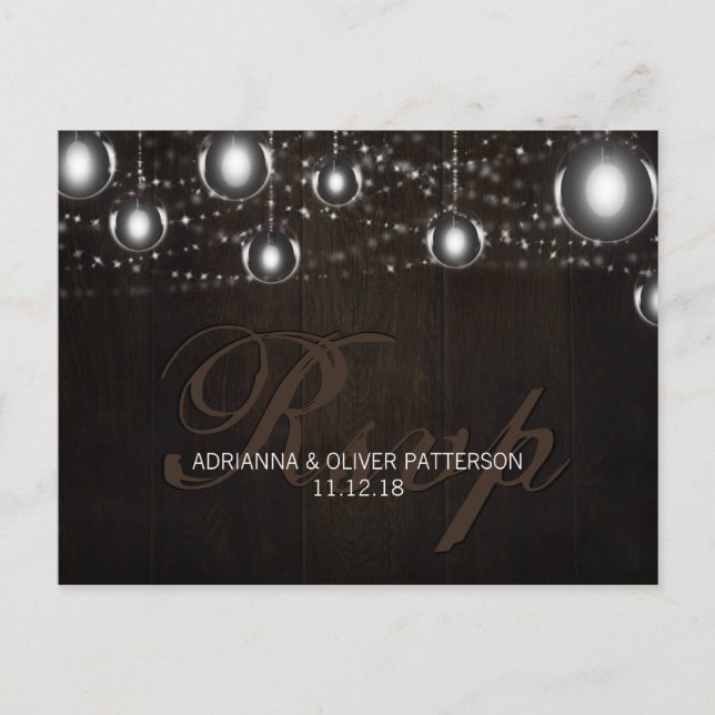 Postal De Invitación Cadena De Madera Rústica De Luces Boda RSVP (Anverso)