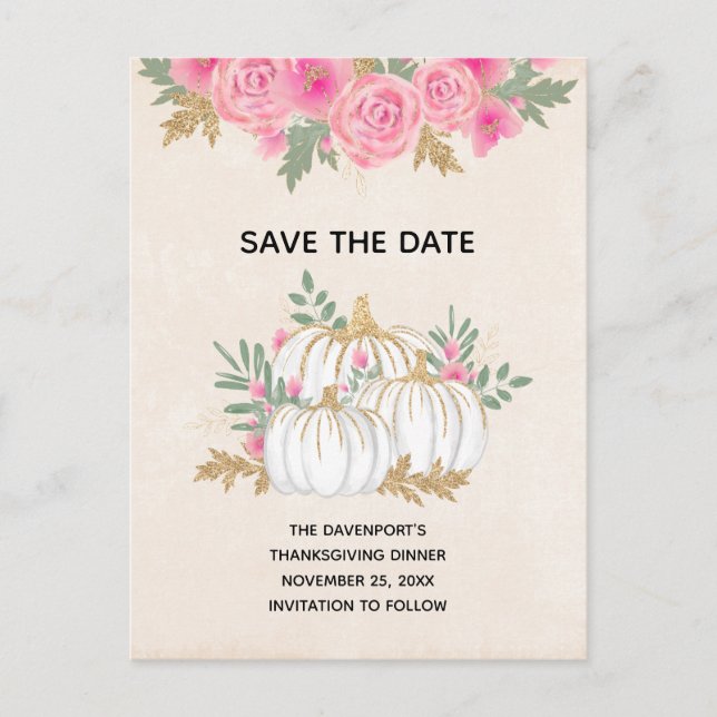 Postal De Invitación Calabazas Blancas y Doradas Acuarela Guardar la Fe (Anverso)