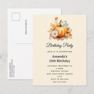 Postal De Invitación Calabazas Naranjas y Flores Cumpleaños de Otoño