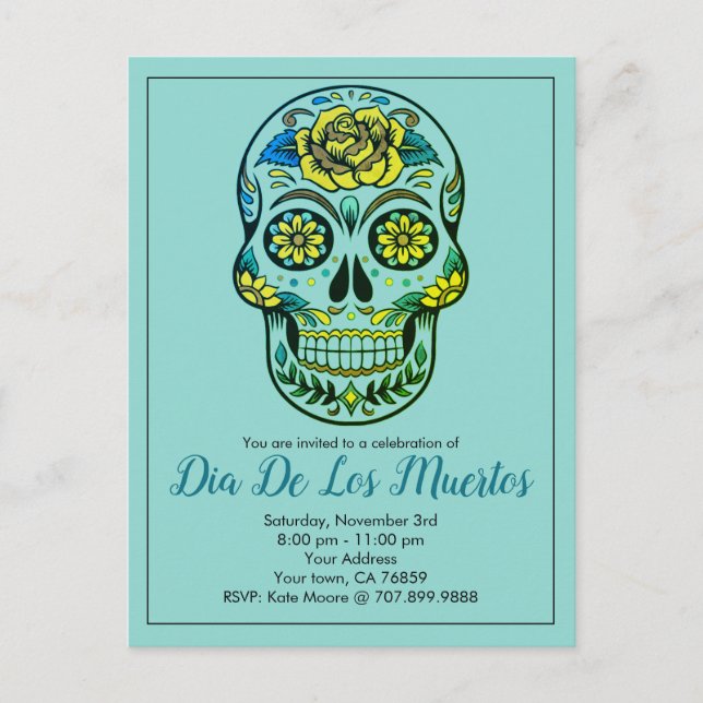 Postal De Invitación Calavera De Azúcar Y Flores En Azul (Anverso)