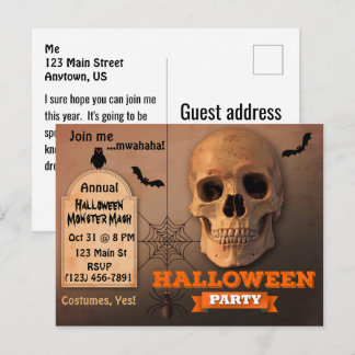 Postal De Invitación Calavera espeluznante, murciélagos y araña de Hall