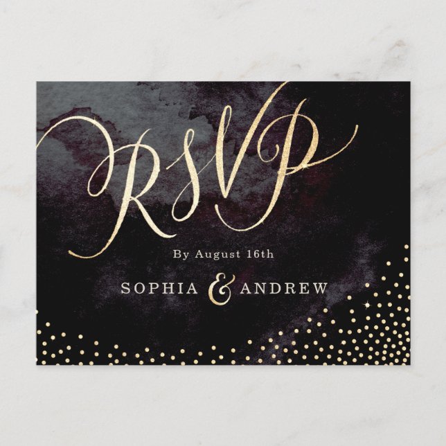 Postal De Invitación Caligrafía del purpurina de oro negro Glam RSVP (Anverso)