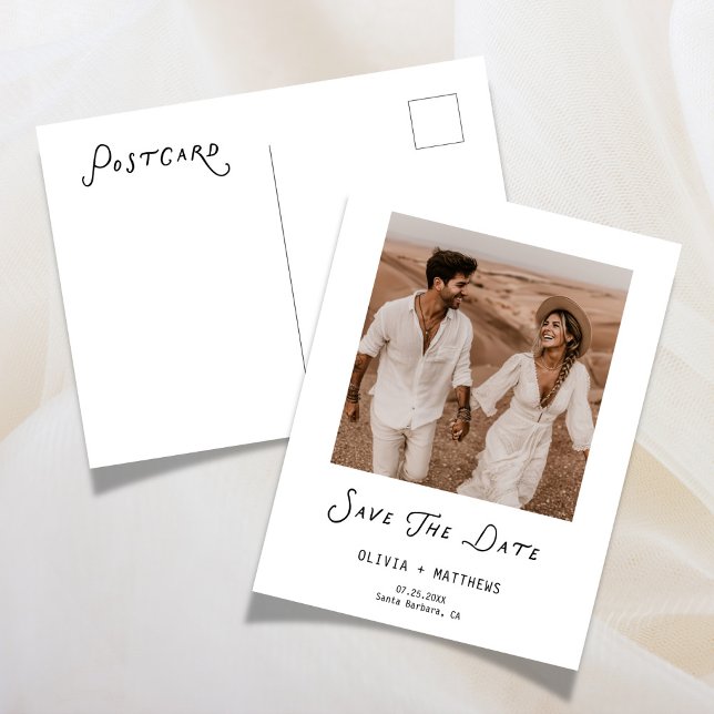 Postal De Invitación Caligrafía Guardar Fecha Foto Boda Moderna (calligraphy save the date, photo save the date, minimalist wedding save the date, modern wedding pos)