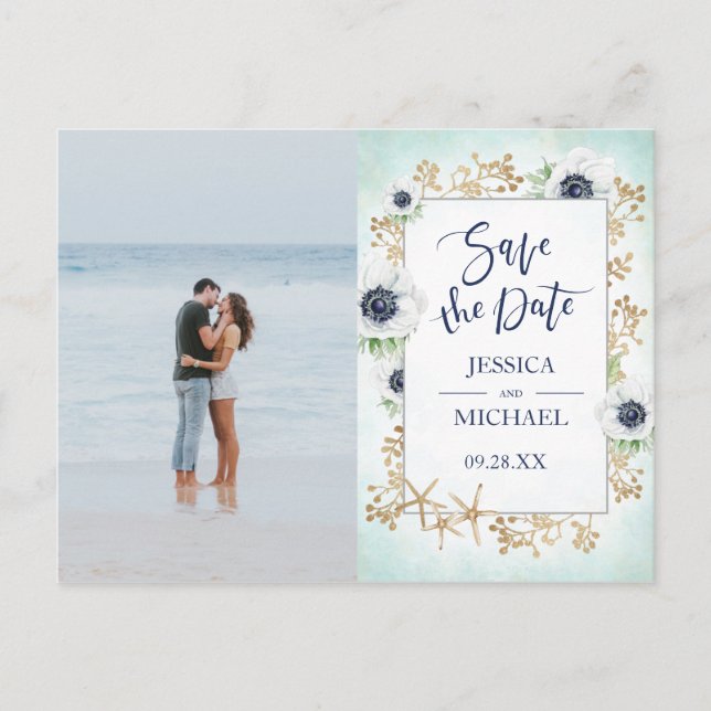 Postal De Invitación Caligrafía moderna Flor anémona Salva la fecha (Anverso)