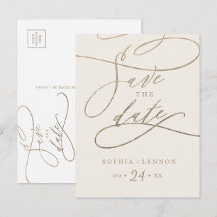 Postal De Invitación Caligrafía romántica de oro Marfil Salva la fech