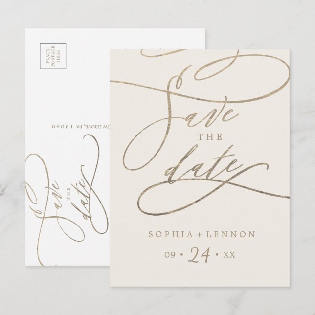 Postal De Invitación Caligrafía romántica de oro | Marfil Salva la fech (Anverso / Reverso)