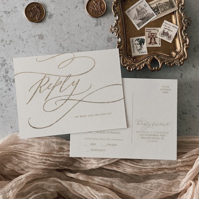 Postal De Invitación Caligrafía romántica de oro | RSVP de selección de (Subido por el creador)