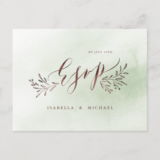 Postal De Invitación Caligrafía verde sabio boda floral rústica RSVP (Anverso)