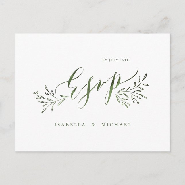 Postal De Invitación Caligrafía verde sabio boda floral rústica RSVP (Anverso)