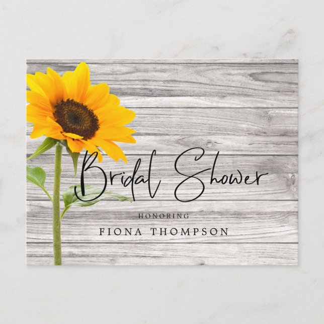 Postal De Invitación Calligrafía de girasol de madera rústica Ducha de  (Anverso)
