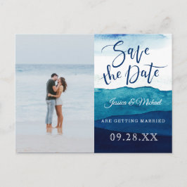 Postal De Invitación Calligraphy Watercolor Navy Photo Save the Date