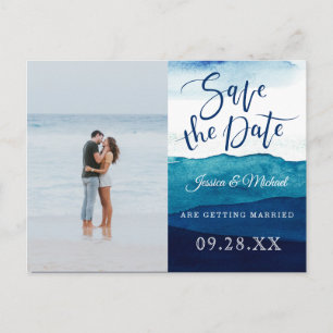 Postal De Invitación Calligraphy Watercolor Navy Photo Save the Date