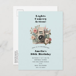 Postal De Invitación Camera with Flowers Retro Pastel Image Birthday