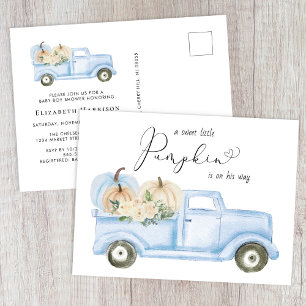 Postal De Invitación Camión azul calabaza camionera bebé niño ducha