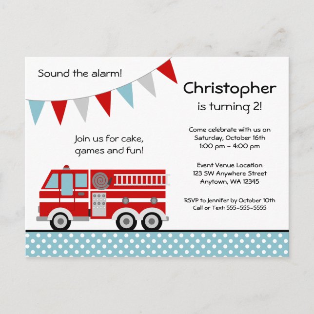 Postal De Invitación Camión de bomberos Polka Dot Banner Boy Fiesta de  (Anverso)