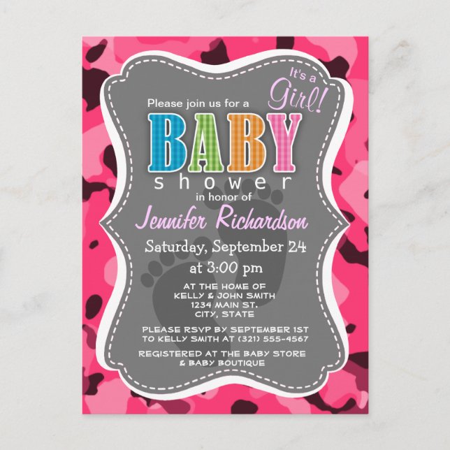 Postal De Invitación Camo rosado caliente; camuflaje (Anverso)