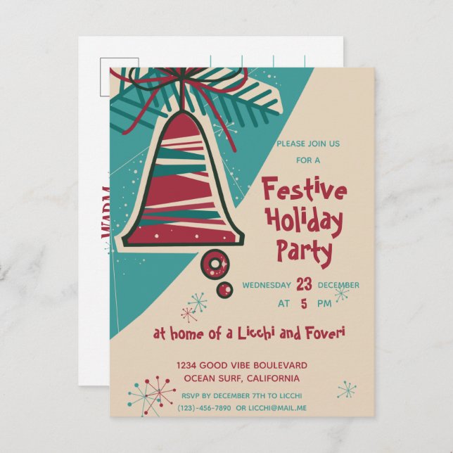 Postal De Invitación Campana de Navidad moderno de mediados de siglo (Anverso / Reverso)