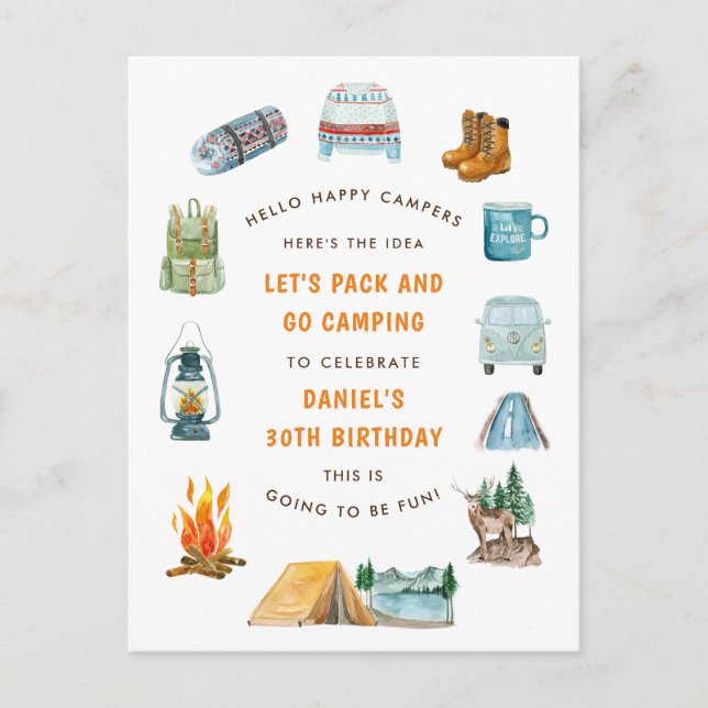 Postal De Invitación Camping Watercolor Campout Abierto Cumpleaños (Anverso)