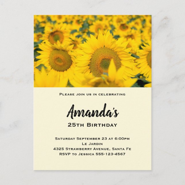 Postal De Invitación Campo amarillo de los girasoles cumpleaños (Anverso)