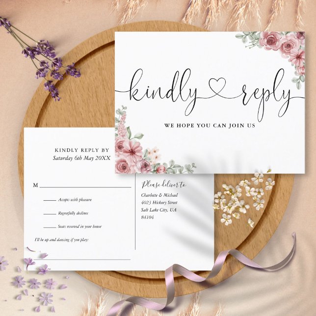 Postal De Invitación Canción de canción Dusty Rosa Floral Heart Script  (Dusty Rose Floral Heart Script Song Request RSVP Invitation Postcard)