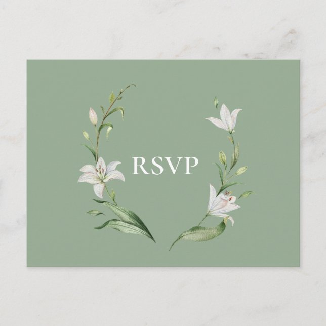 Postal De Invitación Canción RSVP de Boda Verde Floral Blanca (Anverso)