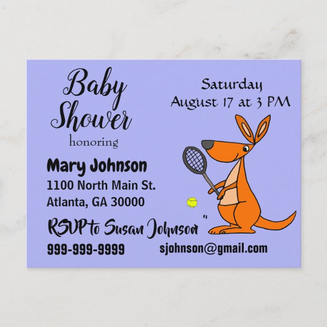 Postal De Invitación Canguro gracioso jugando al tenis Baby Shower (Anverso)