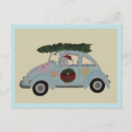Postal De Invitación Caniche en Coche Hippie en Navidad