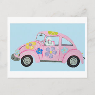 Postal De Invitación Caniche Hippie en Coche de Amor de Niño Flor