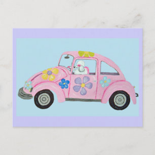 Postal De Invitación Caniche Hippie en Coche de Amor de Niño Flor