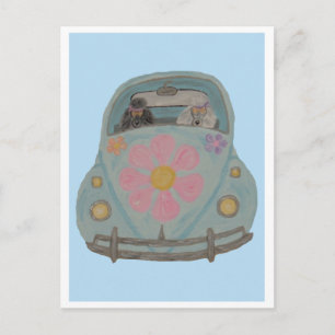 Postal De Invitación Caniches Hippies en su Coche de Amor de Niño Flor