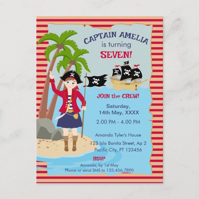 Postal De Invitación Capitán de la Fiesta de Cumpleaños del Barco Pirat (Anverso)