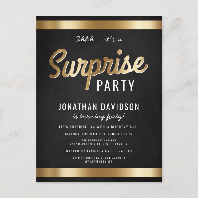 Postal De Invitación Caramel Gold y Black Surprise Birday Party (Anverso)